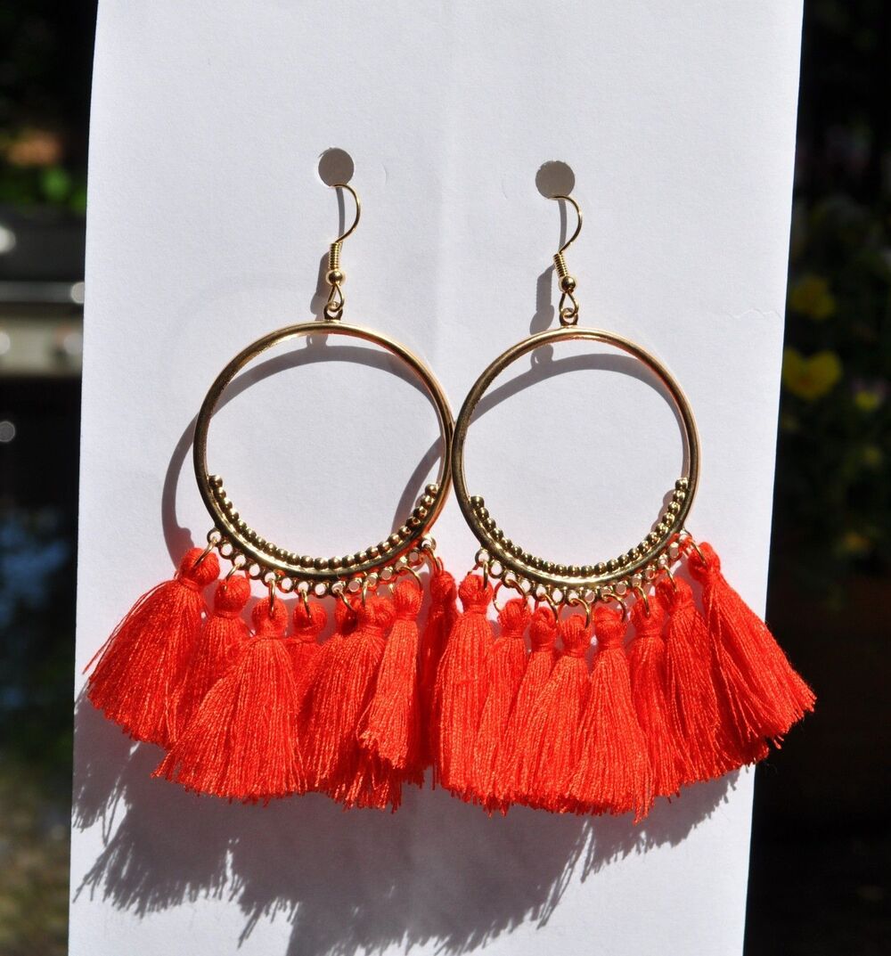 Round Gold-tone Hoop Boho Gypsy earrings with red tassel fringe